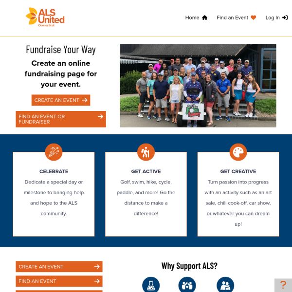 Screenshot of ALS United Connecticut Fundraise Your Way landing page