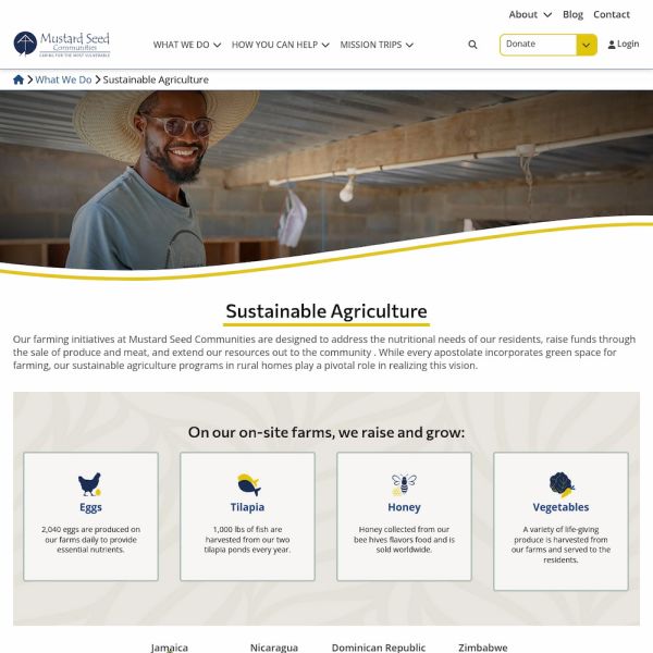 Screenshot of a webpage with title Sustainable Agriculture and image of Black main in a straw hat smiling