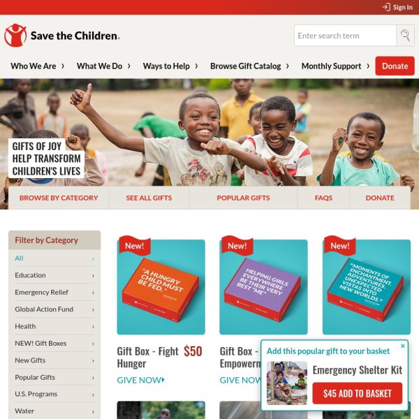 Screenshot of a product catalog with a banner of running and smiling Black children